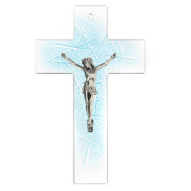 Crucifix moderne en verre de Murano nuances bleues claires 20x15 cm