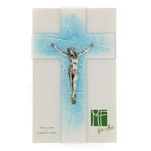 Crucifix moderne en verre de Murano nuances bleues claires 20x15 cm 2