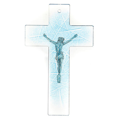 Crucifix moderne en verre de Murano nuances bleues claires 20x15 cm 3