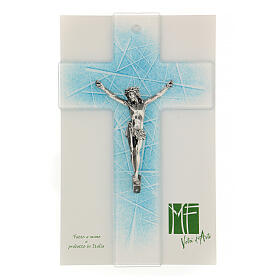Crucifixo em vidro de Murano estilo moderno nuances de azul, 21,5x13,5 cm