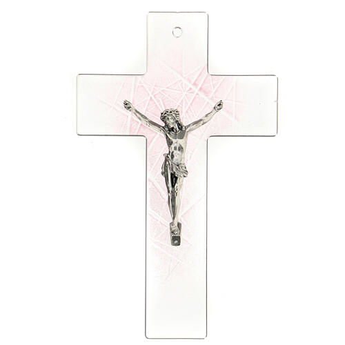 Kruzifix aus durchsichtigem Muranoglas mit rosa Nuancen, 20 x 15 cm 1