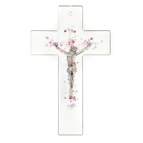 Modern crucifix in Murano glass with colored drops 8x5 inc 3