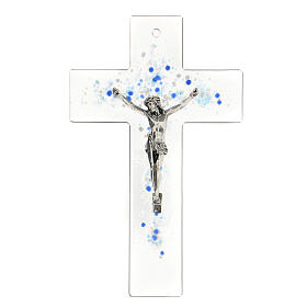 Crucifixo em vidro de Murano estilo moderno bolhas azuis em relevo, 21,5x13,5 cm