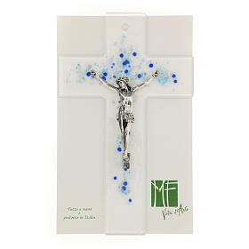 Crucifixo em vidro de Murano estilo moderno bolhas azuis em relevo, 21,5x13,5 cm