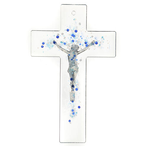 Crucifixo em vidro de Murano estilo moderno bolhas azuis em relevo, 21,5x13,5 cm 3