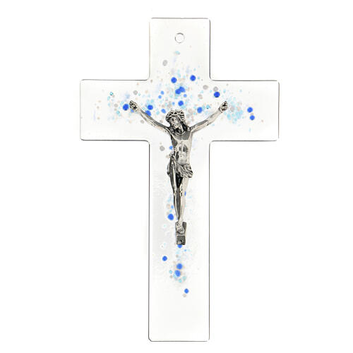 Modern crucifix in Murano glass with blue drops 8x5 inc 1
