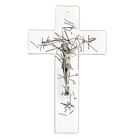 Modernes Kruzifix aus durchsichtigem Glas mit schwarzem Streifendekor, 20 x 15 cm