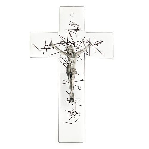 Modernes Kruzifix aus durchsichtigem Glas mit schwarzem Streifendekor, 20 x 15 cm 1