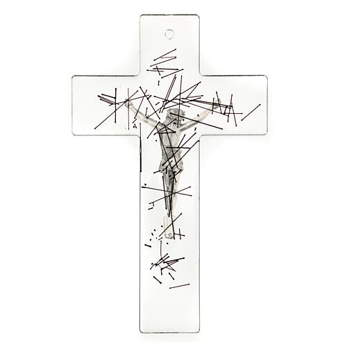 Modernes Kruzifix aus durchsichtigem Glas mit schwarzem Streifendekor, 20 x 15 cm 3