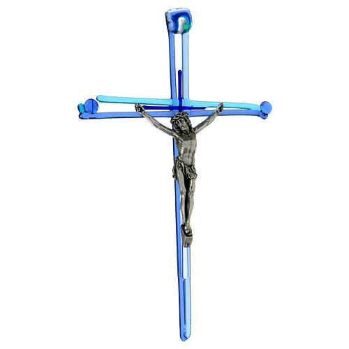Kruzifix mit blauen Nuancen aus Muranoglas, 30 x 20 cm 3