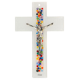 White crucifix with colourful murrine, Murano glass, 10x6.5 in