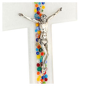 White crucifix with colourful murrine, Murano glass, 10x6.5 in