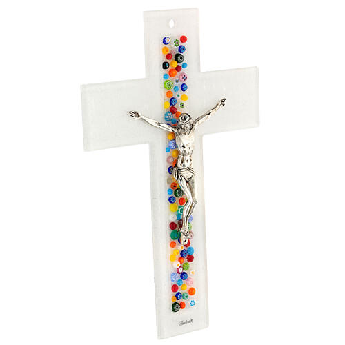 White crucifix with colourful murrine, Murano glass, 10x6.5 in 3