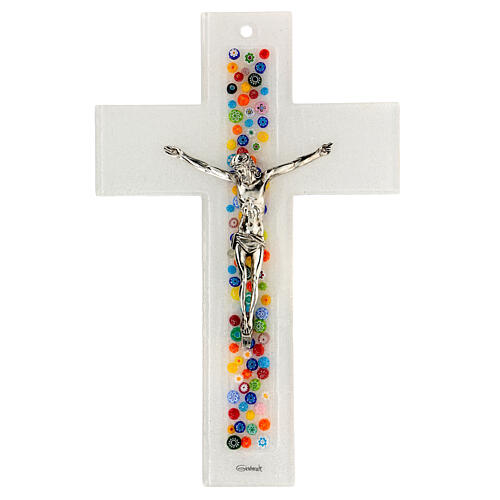 Glass crucifix in white Murano glass with colored murrina 25x15 cm 1