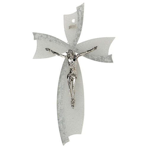 Crucifix, white and silver bow, Murano glass, 6x4 in 1