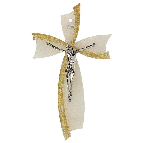 Crucifix, white and golden bow, Murano glass, 6x4 in 1