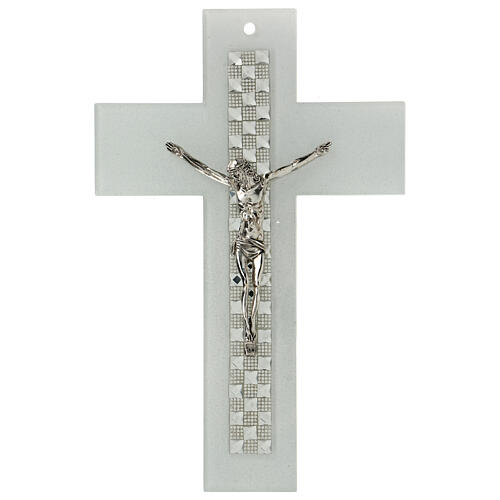 Crucifix blanc échiquier pierres et strass 15x10 cm 1