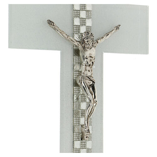 Crucifix blanc échiquier pierres et strass 15x10 cm 2