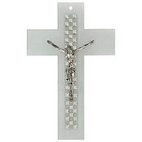 Crucifixo vidro de Murano branco decoração geométrica 16x10,2 cm