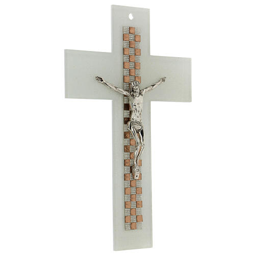 Crucifix blanc échiquier cuivre pierres et strass 15x10 cm 3