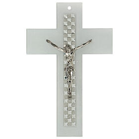 Crucifix blanc échiquier pierres et strass 25x15 cm