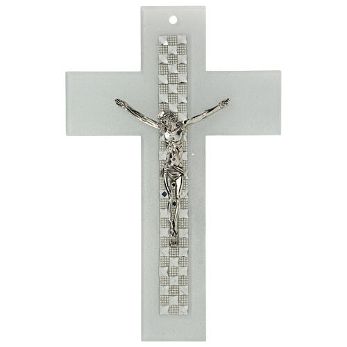 Crocifisso vetro Murano sagomato bianco strass 25x15 cm 1