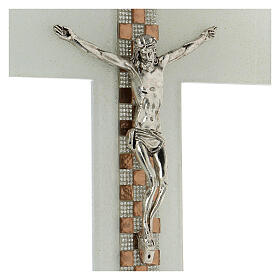 Crucifix blanc échiquier cuivre pierres et strass 35x20 cm