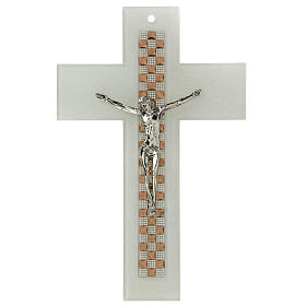 Crucifixo vidro de Murano branco decoração cor cobre e prata 34x21,8 cm