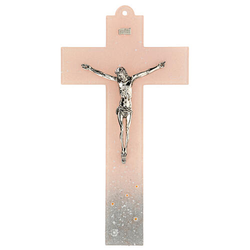 Crucifixo vidro Murano cor-de-rosa base prateada 34x18,3 cm 1