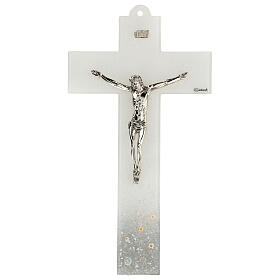 Crucifixo vidro Murano branco base prateada 34x18,3 cm