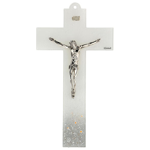 Crucifixo vidro Murano branco base prateada 34x18,3 cm 1