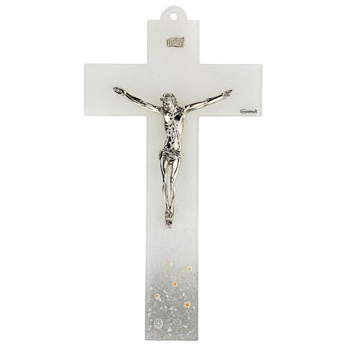 Crucifixo vidro Murano branco base prateada 23x13,9 cm 1