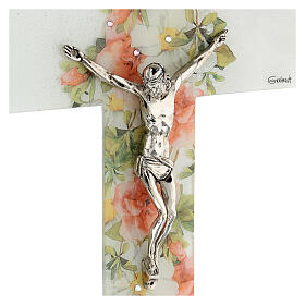 White crucifix with flowers and rhinestones, Murano glass, 13.5x8.5 in