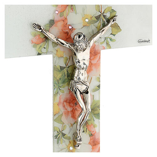 White crucifix with flowers and rhinestones, Murano glass, 13.5x8.5 in 2