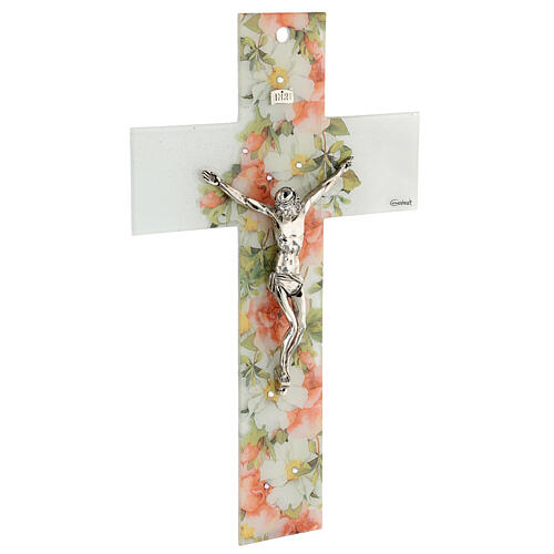 White crucifix with flowers and rhinestones, Murano glass, 13.5x8.5 in 3