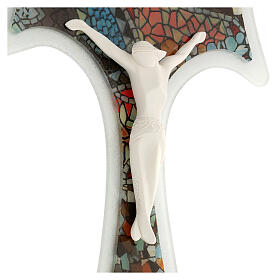 Mattiolo tau crucifix with mosaic pattern, Murano glass, 13.5x10 in