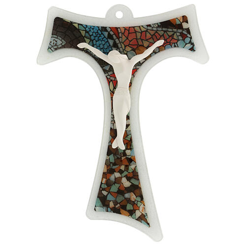 Mattiolo tau crucifix with mosaic pattern, Murano glass, 13.5x10 in 1