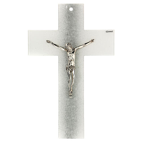 White crucifix with silver shading line, Murano glass, 6x4 in 1