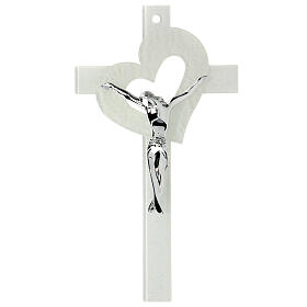 Kruzifix, Muranoglas, Weiß, Herz, 15x10 cm