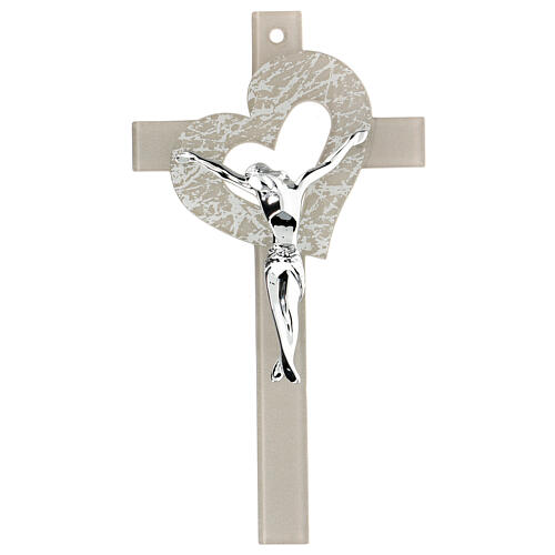 Crucifix verre de Murano coeur ajouré taupe 15x10 cm 1
