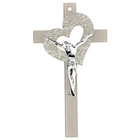 Crucifixo vidro de Murano coração cor pérola, 15x10 cm