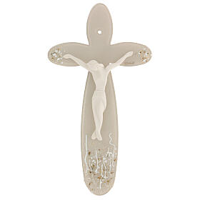 Crucifixo vidro de Murano Flor cor pérola, 25x15 cm