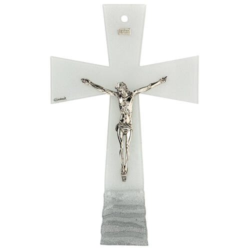 Bell-mouthed crucifix, white and silver Murano glass, 6x4 in 1