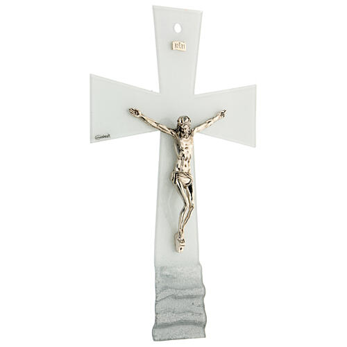 Bell-mouthed crucifix, white and silver Murano glass, 6x4 in 3
