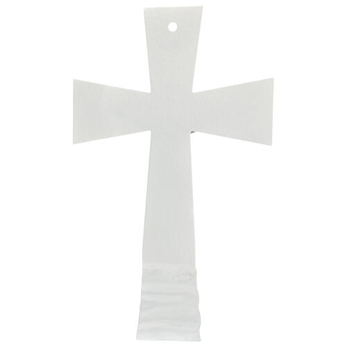 Bell-mouthed crucifix, white and silver Murano glass, 6x4 in 4
