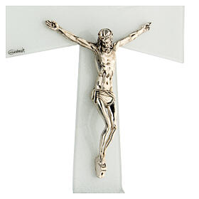 Crucifix évasé en verre de Murano blanc-argent 15x10 cm