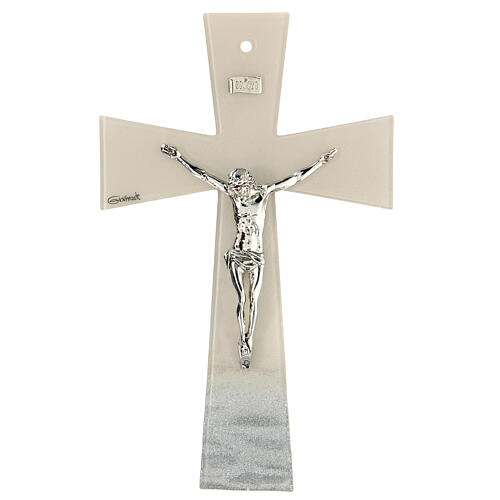 Bell-mouthed crucifix, dove grey and silver Murano glass, 6x4 in 1