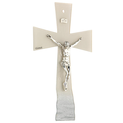 Bell-mouthed crucifix, dove grey and silver Murano glass, 6x4 in 3