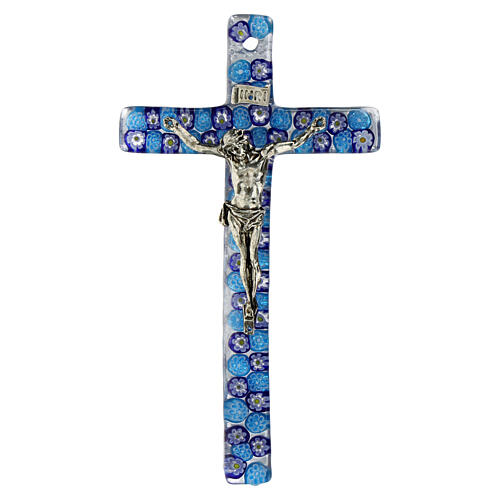 Murano glass crucifix with blue murrine 6x3.5 in 1