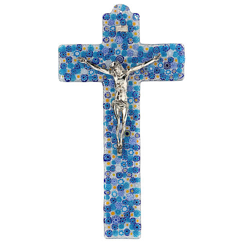 Crucifix en verre de Murano murrine bleues 15x10 cm 1